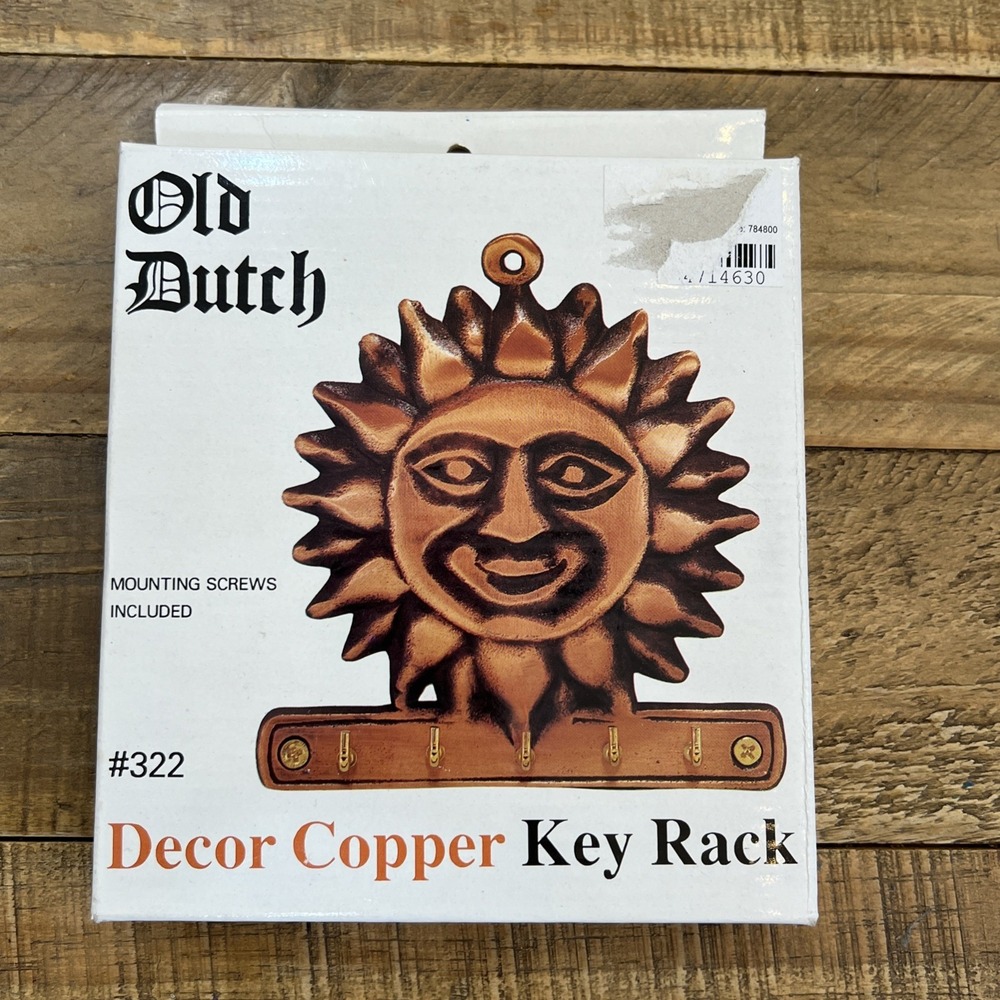 Copper Sun Face Wall Key Rack Old Dutch Decor Sunburst  5 Hooks NOS Vintage